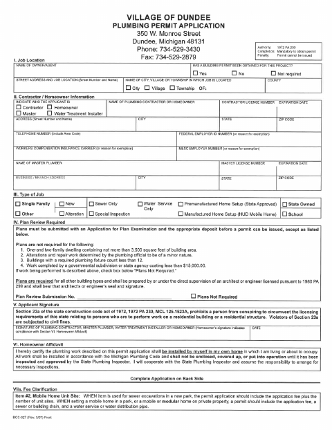 First page of the Plumbing Permit Application