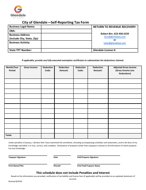 First page of the Self-Reporting Tax Form