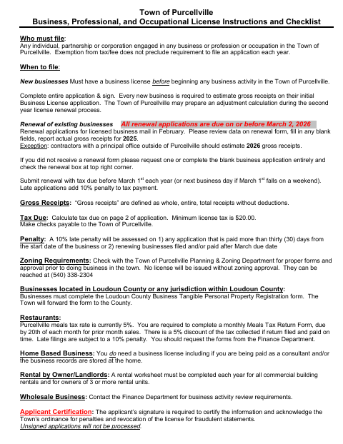 First page of the Business, Professional, and Occupational License Instructions and Checklist