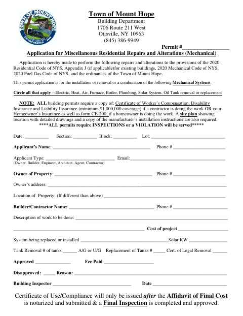 First page of the Application for Miscellaneous Residential Repairs and Alterations (Mechanical)