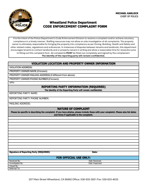 First page of the Code Enforcement Complaint Form
