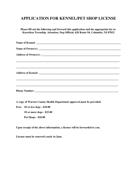 First page of the Application for Kennel/Pet Shop License