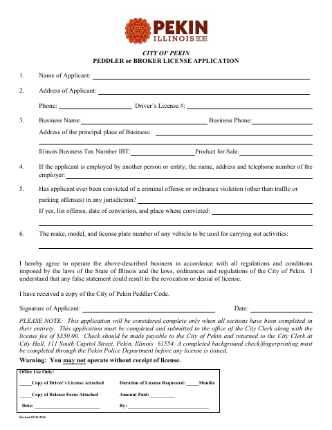 First page of the Peddler or Broker License Application