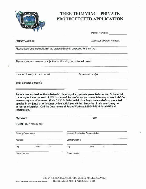 First page of the Tree Trimming - Private Protected Application