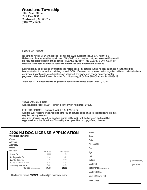 First page of the 2026 NJ Dog License Application