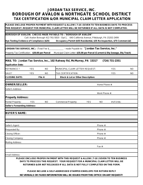 First page of the Tax Certification and/or Municipal Claim Letter Application