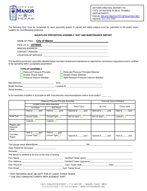 First page of the Backflow Prevention Assembly Test and Maintenance Report