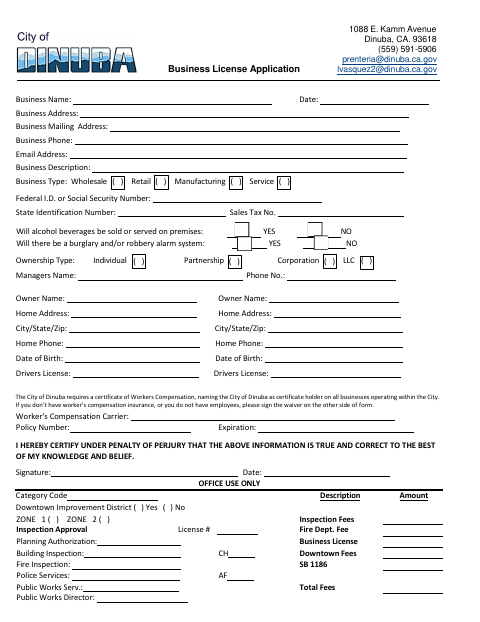 First page of the Business License Application