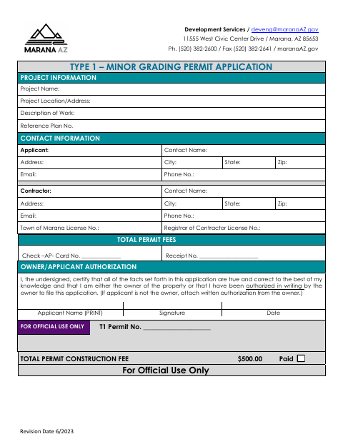 First page of the Type 1 – Minor Grading Permit Application