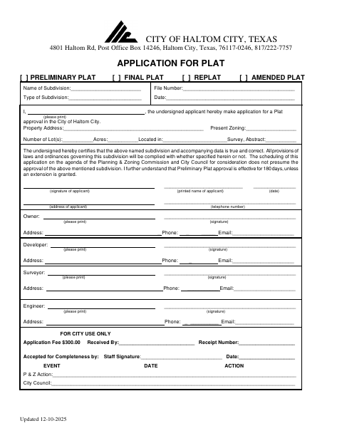 First page of the Application for Plat