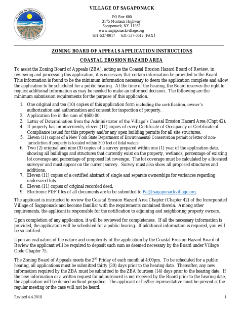 First page of the Coastal Erosion Hazard Area Zoning Board of Appeals Application