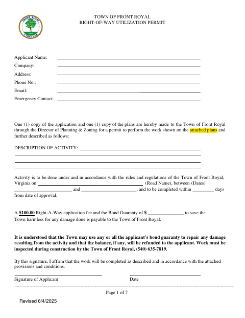First page of the Right-of-Way Utilization Permit