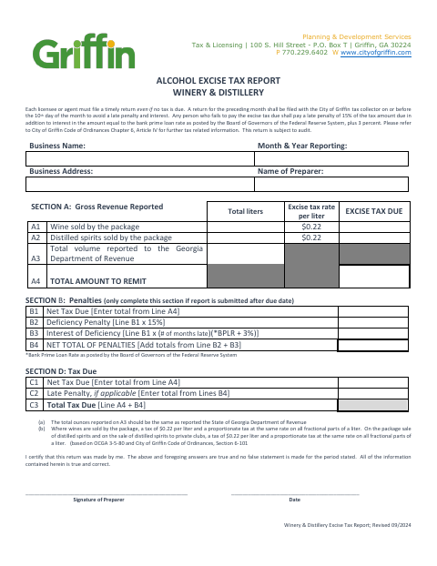 First page of the Alcohol Excise Tax Report for Winery and Distillery