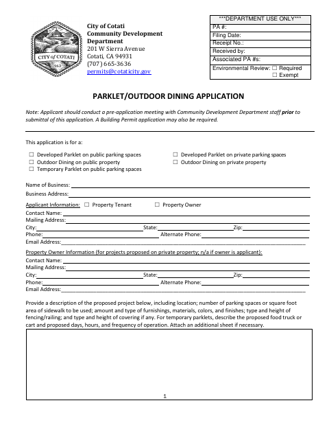 First page of the Parklet/Outdoor Dining Application