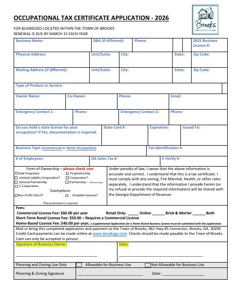 First page of the Occupational Tax Certificate Application