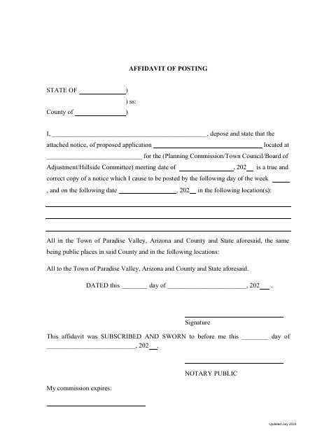 First page of the Affidavit of Posting