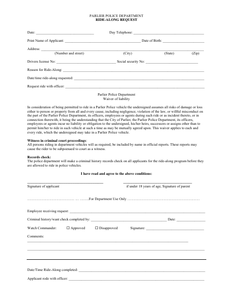 First page of the Ride-Along Request