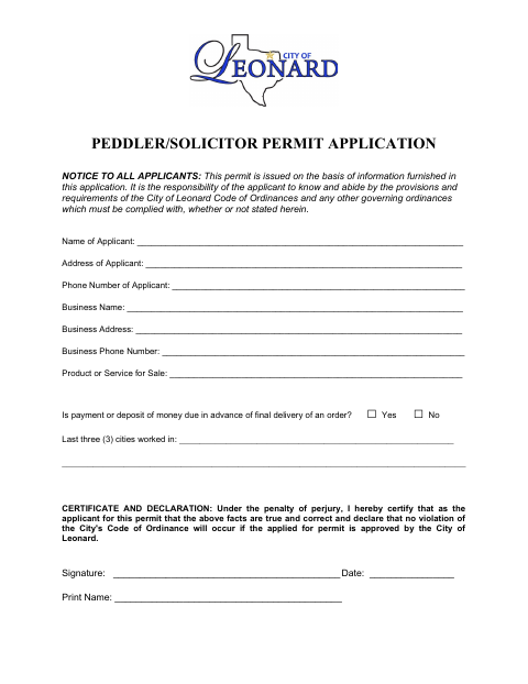 First page of the Peddler/Solicitor Permit Application