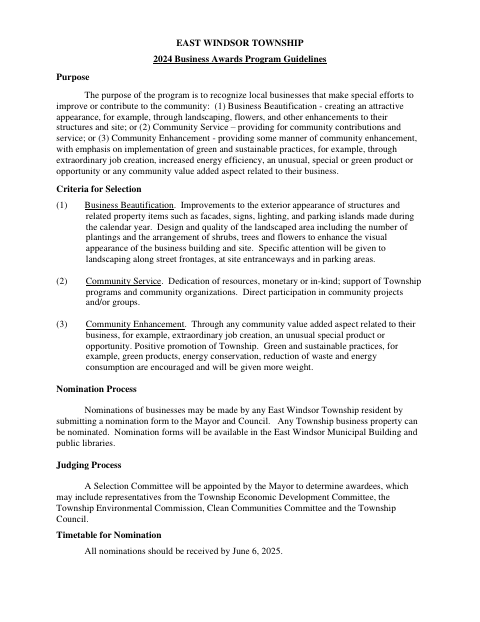 First page of the Business Awards Program Nomination Form