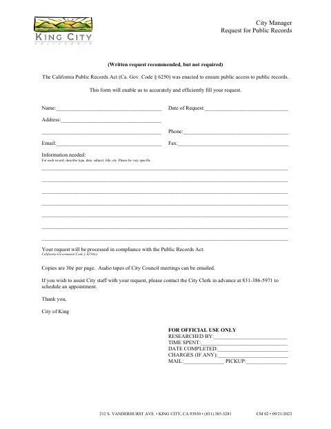 First page of the Request For Public Records
