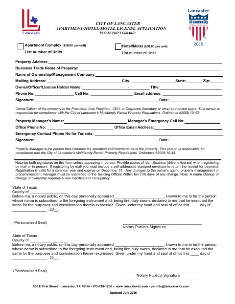 First page of the Apartment/Hotel/Motel License Application