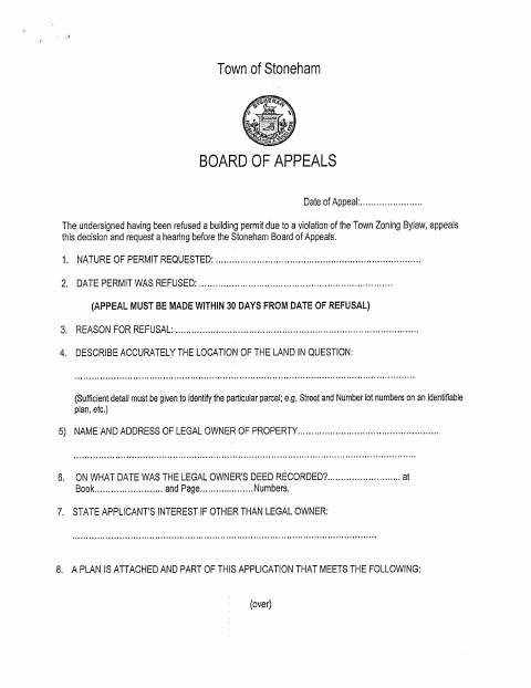 First page of the Board Of Appeals Application