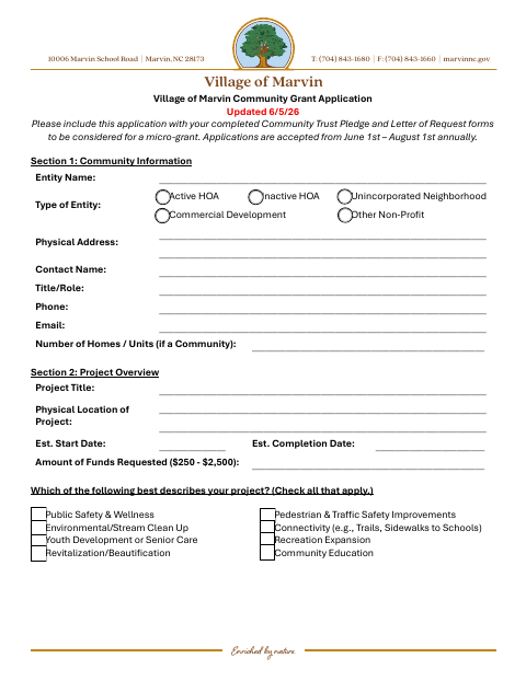 First page of the Community Grant Application