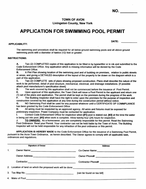 First page of the Swimming Pool Permit Application