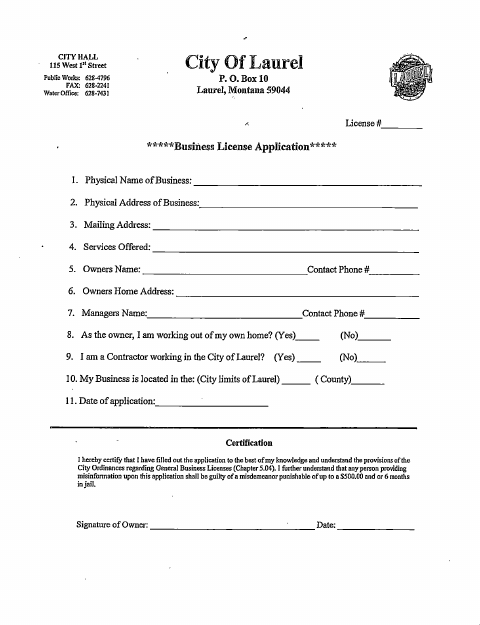 First page of the Business License Application