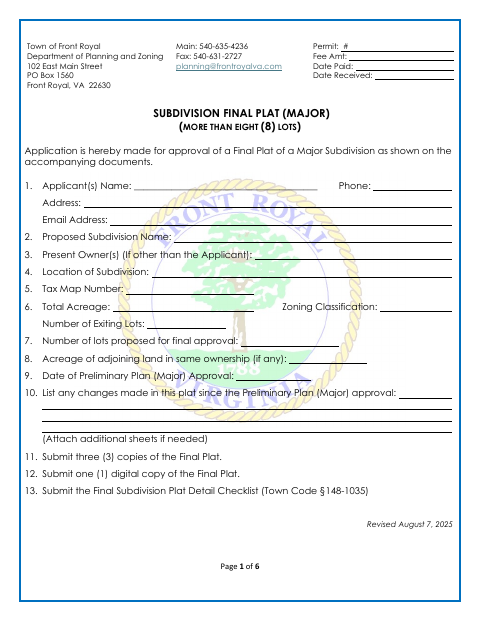 First page of the Major Subdivision Final Plat Application