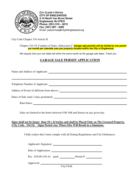 First page of the Garage Sale Permit Application
