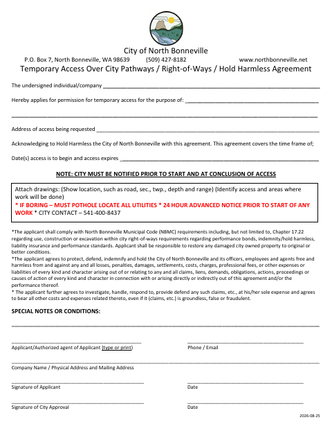 First page of the Temporary Access Over City Pathways, Rights-of-Ways, and Hold Harmless Agreement