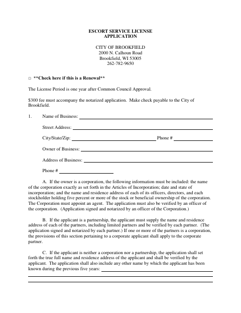 First page of the Escort Service License Application