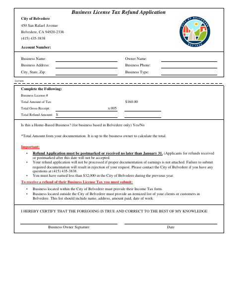 First page of the Business License Tax Refund Application