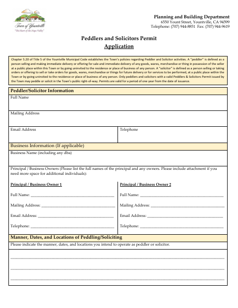 First page of the Peddlers and Solicitors Permit Application