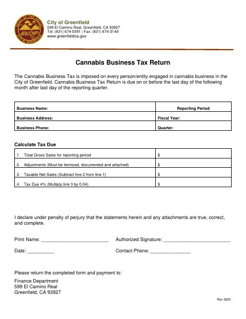 First page of the Cannabis Business Tax Return Form