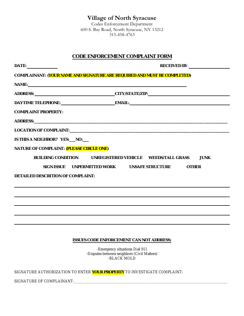 First page of the Code Enforcement Complaint Form