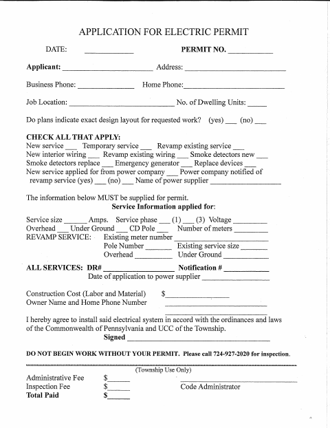 First page of the Application for Electric Permit