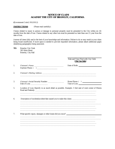 First page of the Notice of Claim Against the City of Brawley