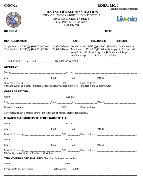 First page of the Rental License Application
