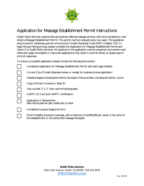First page of the Application for Massage Establishment Permit