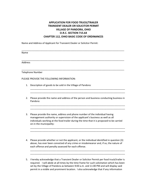 First page of the Food Truck/Trailer Transient Dealer or Solicitor Permit Application