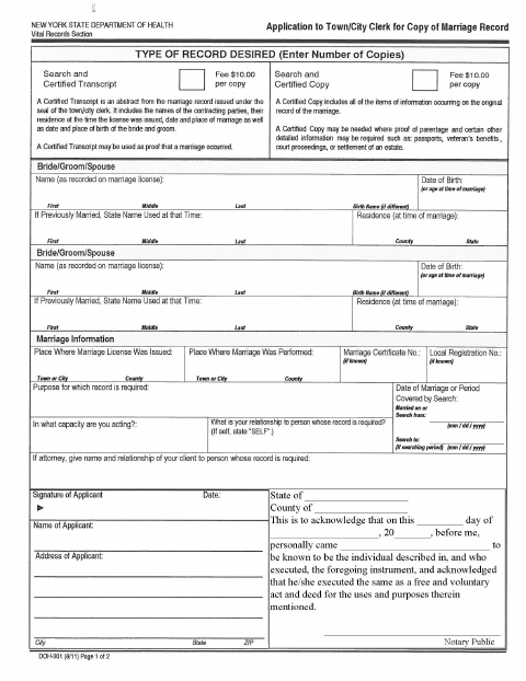 First page of the Marriage Record Copy Application