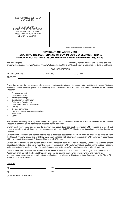First page of the LID Maintenance Covenant And Agreement