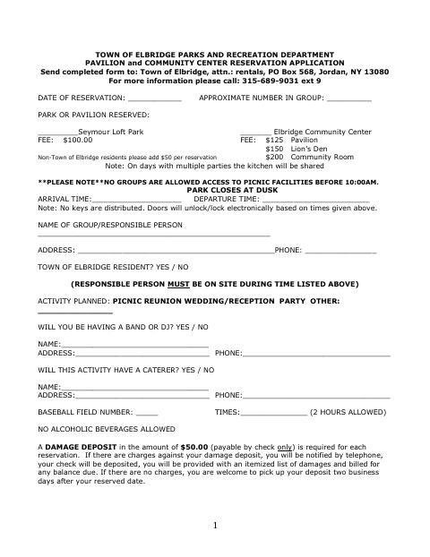 First page of the Pavilion and Community Center Reservation Application