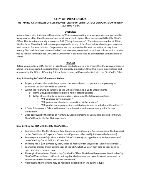 First page of the Sole Proprietor DBA Certificate and Home Occupation Registration