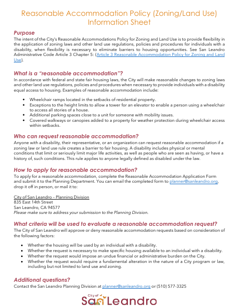 First page of the Reasonable Accommodation Policy (Zoning/Land Use) Information Sheet