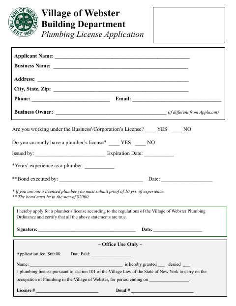 First page of the Plumbing License Application