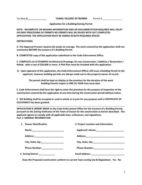 First page of the Application for a Building/Zoning Permit
