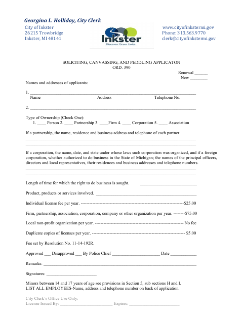 First page of the Soliciting, Canvassing, and Peddling Application